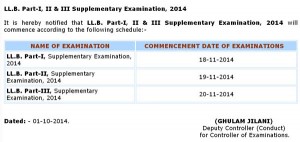 LL.B. Part-I, II & III Supplementary Examination Schedule, 2014